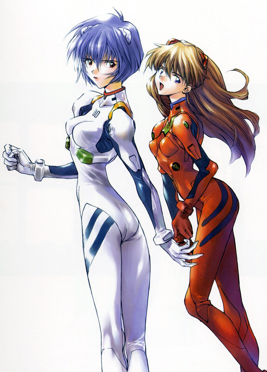 ayanami rei, souryuu asuka langley, neon genesis evangelion, highres, 2girls, ass, blue eyes, blue hair, bodysuit, breasts, brown hair, long hair, mecha pilot suit, multiple girls, plugsuit (evangelion), red eyes, very long hair, wide hips