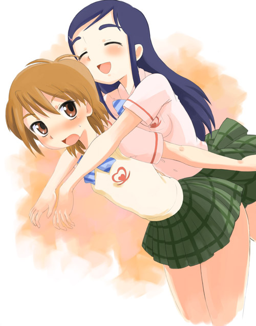 misumi nagisa, yukishiro honoka, futari wa precure, precure, striped neckwear, 00s, 2girls, blue hair, blush, bow, bowtie, brown eyes, brown hair, closed eyes, hair ornament, hairclip, hug, hug from behind, long hair, multiple girls, orange background, orange eyes, orange hair, plaid clothes, plaid skirt, school uniform, serafuku, short hair, skirt, smile, striped bow, striped bowtie, striped clothes, yuri