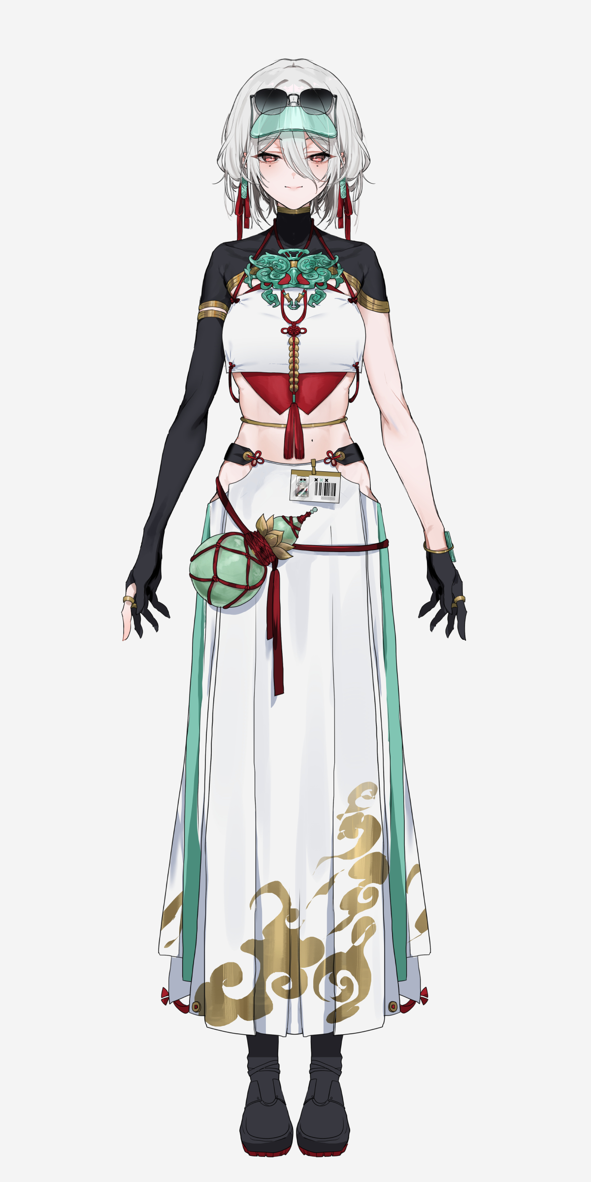 maria (syake-uni), original, absurdres, commentary, highres, 1girl, aqua cape, aqua skirt, badge, black boots, black gloves, black sleeves, boots, bottle, brown eyes, cape, cloud print, crop top, earrings, elbow gloves, eyewear on head, glasses, gloves, hair between eyes, jewelry, light smile, long skirt, looking at viewer, mole, mole under each eye, mole under eye, multiple moles, ring, short hair, short sleeves, simple background, single elbow glove, single sleeve, skirt, solo, standing, tachi-e, white background, white hair, white skirt