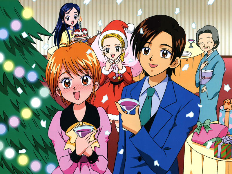 fujimura shougo, kujou hikari, misumi nagisa, yukishiro honoka, futari wa precure, futari wa precure max heart, precure, 00s, blonde hair, blue eyes, blue hair, brown eyes, brown hair, cake, christmas, christmas tree, dress, drink, food, formal clothes, gift, japanese clothes, kimono, santa costume, suit, yellow eyes