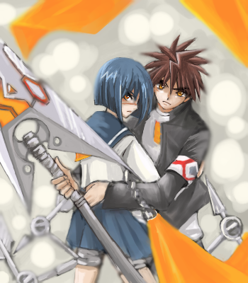 mutou kazuki, tsumura tokiko, busou renkin, lowres, 00s, blue hair, brown hair, red eyes, scar, school uniform, serafuku, sunlight heart, valkyrie skirt, yellow eyes
