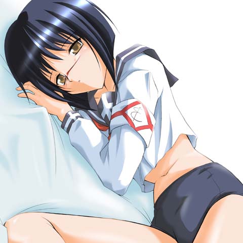 tsumura tokiko, busou renkin, lowres, 00s, blue hair, gym uniform, scar, school uniform, serafuku, yellow eyes
