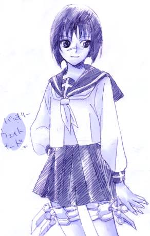 tsumura tokiko, busou renkin, lowres, 00s, monochrome, school uniform, serafuku, sketch, valkyrie skirt