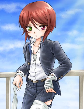 boku, sakamoto arata, souseiseki, rozen maiden, lowres, 00s, 1girl, androgynous, bandages, blush, brown hair, casual, day, denim, female focus, gakuran, heterochromia, jeans, leaning, pants, petite, school uniform, serafuku, short hair, sky, solo, torn clothes, unbuttoned