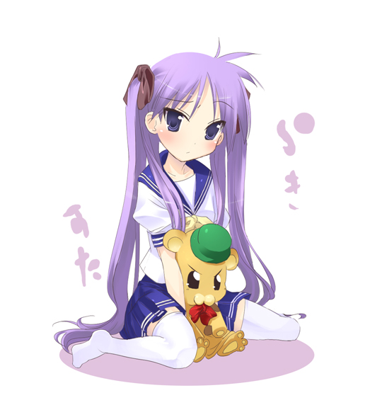 satomi (black scarecrow), bonta-kun, hiiragi kagami, full metal panic!, lucky star, 00s, 2girls, antenna hair, blue eyes, crossover, full body, long hair, looking at viewer, multiple girls, pink hair, pleated skirt, purple hair, sailor collar, school uniform, serafuku, sitting, skirt, stuffed animal, stuffed toy, thighhighs, twintails, very long hair, wariza
