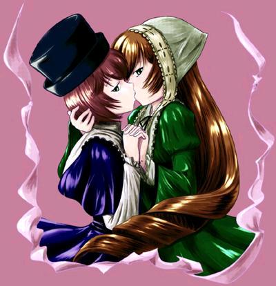 souseiseki, suiseiseki, rozen maiden, lowres, 00s, 2girls, brown hair, incest, kiss, long hair, multiple girls, short hair, siblings, sisters, twins, yuri