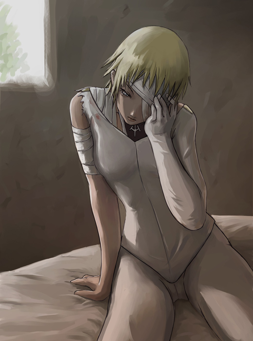 tea (nakenashi), rafaela, claymore (series), 00s, 1girl, bandages, bed, blonde hair, female focus, solo, torn clothes