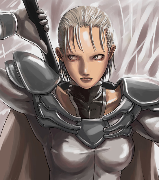 tea (nakenashi), claymore (series), jean, 00s, 1girl, armor, blonde hair, claymore (sword), female focus, grey eyes, solo, sword, weapon