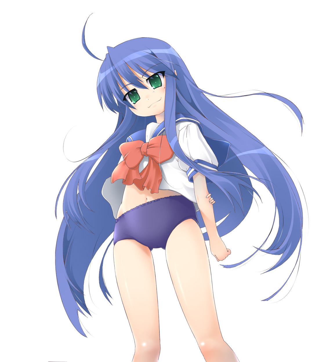 vanity doll, izumi konata, lucky star, highres, 00s, 1girl, :3, ahoge, blue eyes, blue hair, blue sailor collar, buruma, female focus, green eyes, long hair, matching hair/eyes, midriff, mole, mole under eye, purple hair, sailor collar, school uniform, serafuku, smile, solo, very long hair