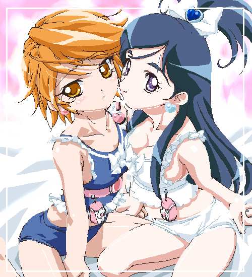 misumi nagisa, yukishiro honoka, futari wa precure, precure, 00s, blue eyes, blue hair, brown eyes, brown hair, panties, underwear