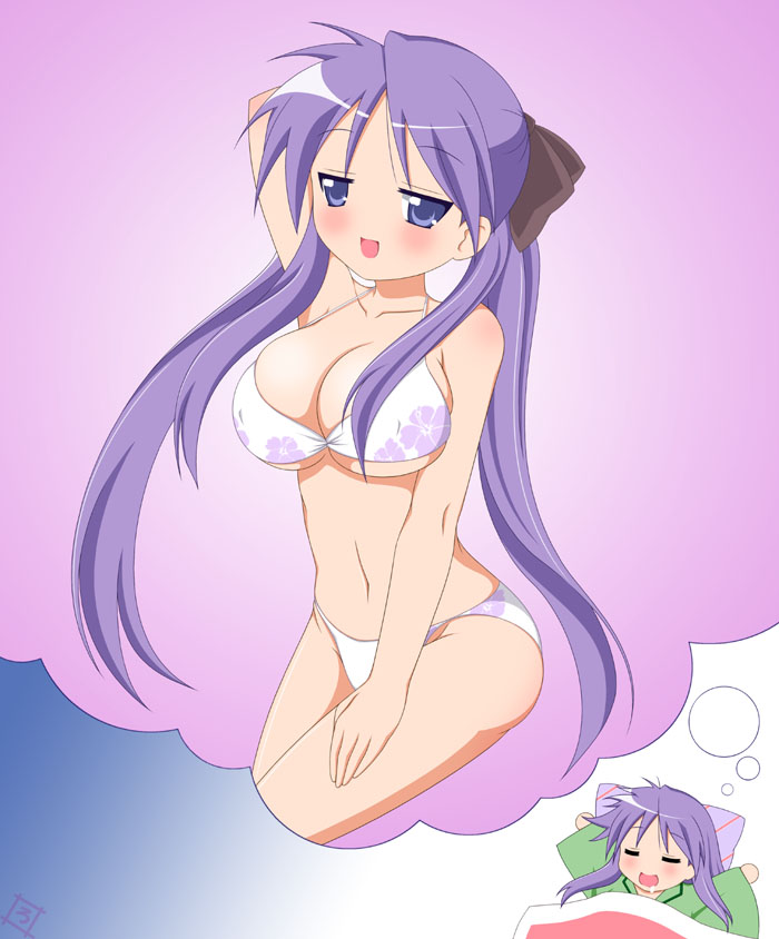 rodori gesu, hiiragi kagami, lucky star, alternate breast size, 00s, 1girl, arm behind head, bare shoulders, bikini, blue eyes, blush, breast conscious, breasts, cleavage, collarbone, dreaming, female focus, hair ribbon, huge breasts, long hair, midriff, navel, panties, purple eyes, purple hair, ribbon, saliva, sleeping, smile, swimsuit, twintails, underboob, underwear, underwear only