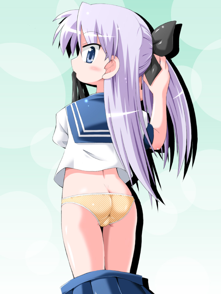 hino hino, hiiragi kagami, lucky star, 00s, 1girl, adjusting hair, ass, blue eyes, blue sailor collar, clothes pull, female focus, from behind, looking back, mouth hold, no pants, panties, purple hair, sailor collar, school uniform, serafuku, skirt, skirt pull, solo, twintails, underwear