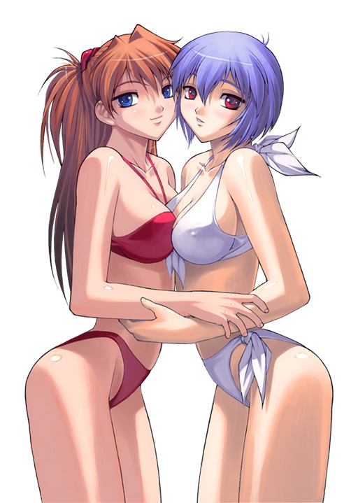 ayanami rei, souryuu asuka langley, neon genesis evangelion, arm grab, artist request, non-web source, 2girls, ass, between breasts, bikini, blue eyes, blue hair, breast press, breasts, cleavage, covered erect nipples, curvy, highleg, highleg bikini, hug, imageboard desourced, large breasts, long hair, looking at viewer, multiple girls, red bikini, red eyes, red hair, shiny skin, short hair, shy, side-tie bikini bottom, smile, swimsuit, symmetrical docking, thong, thong bikini, very long hair, wide hips