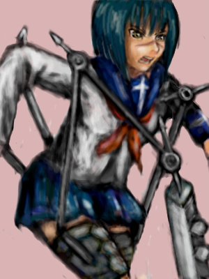 tsumura tokiko, busou renkin, lowres, 00s, blue hair, scar, school uniform, serafuku, valkyrie skirt, yellow eyes