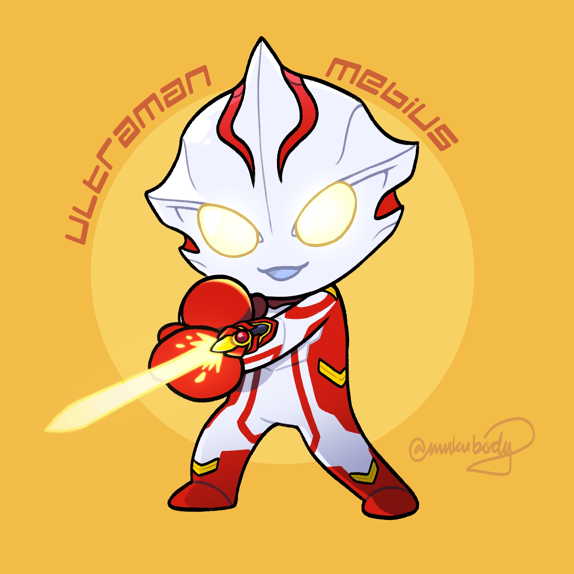 mukubirdy, ultraman mebius, ultra series, ultraman mebius (series), commentary, highres, 1boy, :d, alien, arm guards, arms across body, artist name, artistic error, bluesky username, character name, chibi, chibi only, colored skin, compound eyes, dorsal fin, energy blade, english text, fighting stance, full body, glowing, glowing eyes, gold trim, legs apart, looking at viewer, male focus, mebius brace, multicolored skin, no fingers, no pupils, open mouth, orange background, red skin, signature, silver skin, simple background, smile, solo, standing, tokusatsu, two-tone background, two-tone skin, yellow background, yellow eyes