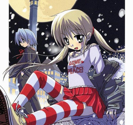 ayasaki hayate, sanzen'in nagi, hayate no gotoku!, lowres, 00s, 1boy, 1girl, blonde hair, blue hair, butler, formal clothes, moon, night, patterned legwear, red skirt, skirt, snow, striped clothes, striped thighhighs, suit, thighhighs, two-tone stripes