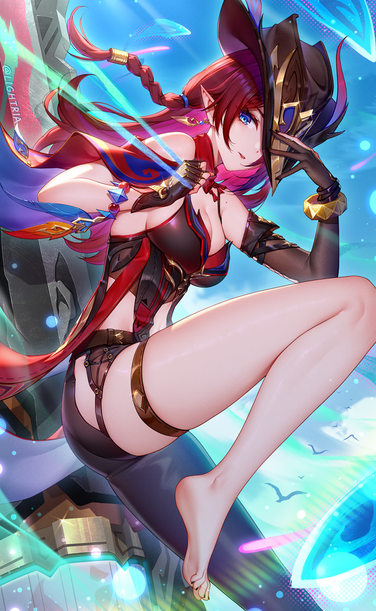 lightria, chasca (genshin impact), genshin impact, commentary request, highres, 1girl, asymmetrical clothes, asymmetrical gloves, bare shoulders, barefoot, black gloves, black hat, black pants, blue eyes, blue sky, bracelet, braid, breasts, cleavage, day, earrings, elbow gloves, elf, fingerless gloves, gloves, hat, jewelry, long hair, looking at viewer, medium breasts, midriff, mole, pants, parted lips, pointy ears, red hair, single pantsleg, sky, sleeveless, smile, solo, thigh strap, thighs, very long hair
