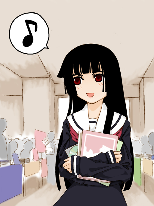 enma ai, jigoku shoujo, 00s, black hair, red eyes, school uniform, serafuku