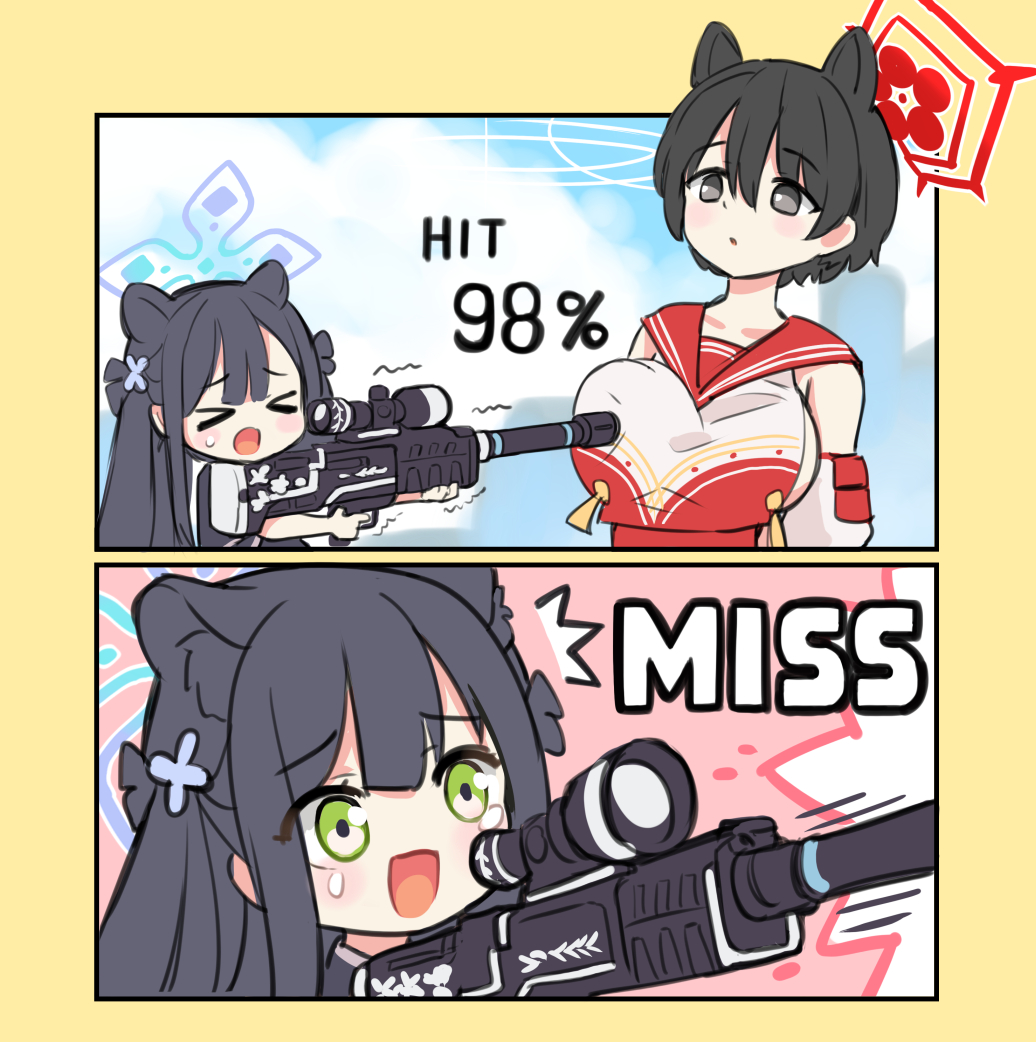 shun (blue archive), shun (small) (blue archive), tsubaki (blue archive), blue archive, x-com, > <, 2girls, animal ears, black hair, breasts, gameplay mechanics, green eyes, gun, hair ornament, hairclip, halo, hm hmongt, large breasts, missed shot, multiple girls, rifle, sailor collar, sniper rifle, weapon