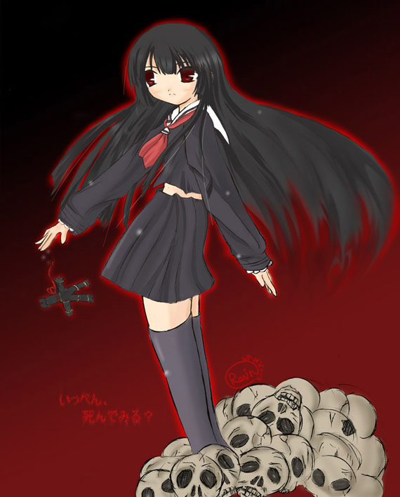 enma ai, jigoku shoujo, 00s, black hair, red eyes, school uniform, serafuku, thighhighs