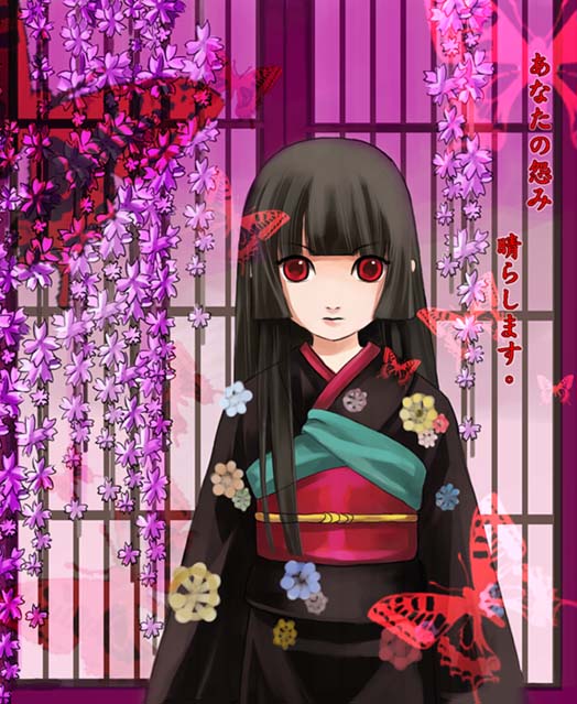 enma ai, jigoku shoujo, 00s, black hair, japanese clothes, kimono, red eyes