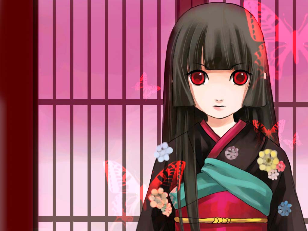 enma ai, jigoku shoujo, tagme, 00s, black hair, japanese clothes, kimono, red eyes
