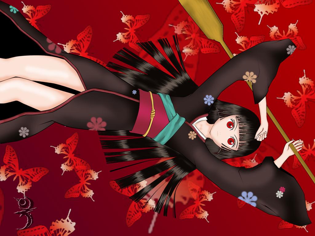 enma ai, jigoku shoujo, 00s, black hair, japanese clothes, kimono, red eyes