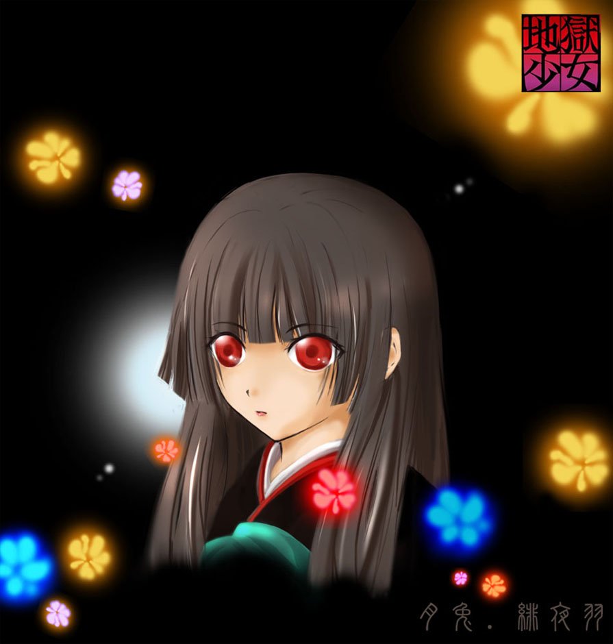 enma ai, jigoku shoujo, 00s, black hair, japanese clothes, kimono, red eyes