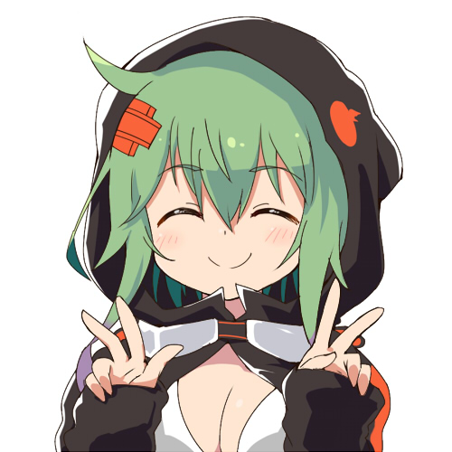 n36hoko, shinomiya rina, digimon, digimon world re:digitize, lowres, 1girl, bikini, black jacket, breasts, cleavage, closed eyes, goggles, goggles around neck, green hair, hood, hood up, hooded jacket, jacket, large breasts, simple background, solo, swimsuit, v, w, white background, white bikini