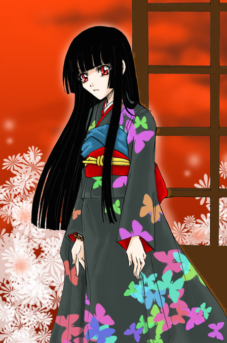 enma ai, jigoku shoujo, 00s, black hair, japanese clothes, kimono, red eyes