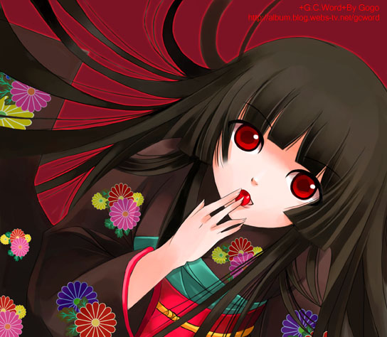 enma ai, jigoku shoujo, 00s, black hair, japanese clothes, kimono, red eyes