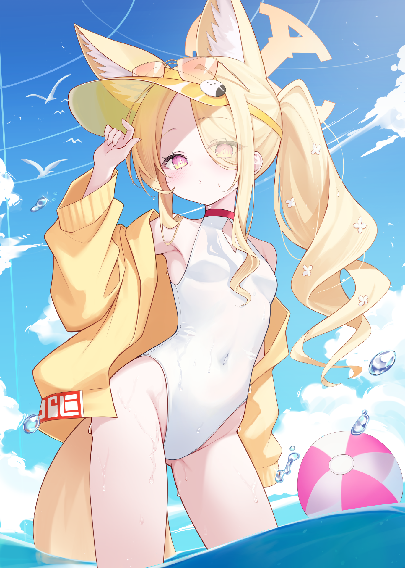 rangtori, seia (blue archive), seia (swimsuit) (blue archive), blue archive, commentary, highres, 1girl, animal ears, ball, beachball, blonde hair, blue sky, breasts, covered navel, day, fox ears, halo, jacket, long hair, official alternate costume, one-piece swimsuit, outdoors, sky, small breasts, solo, sunglasses, swimsuit, visor cap, wading, white one-piece swimsuit, yellow jacket