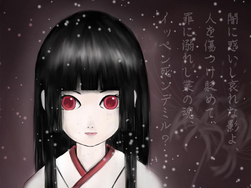 enma ai, jigoku shoujo, 00s, black hair, japanese clothes, kimono, red eyes, snow
