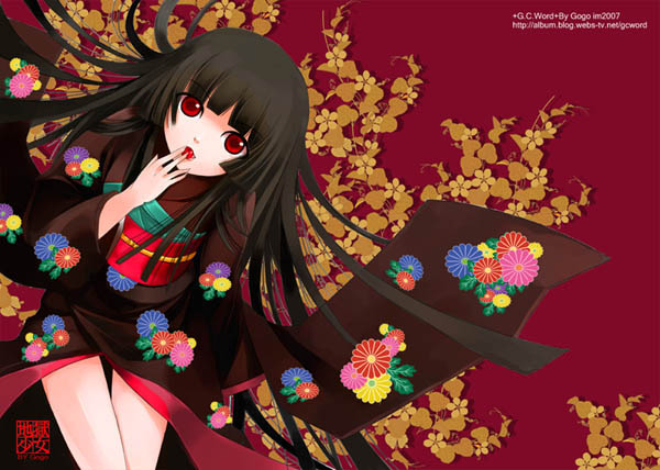 enma ai, jigoku shoujo, 00s, black hair, japanese clothes, kimono, red eyes
