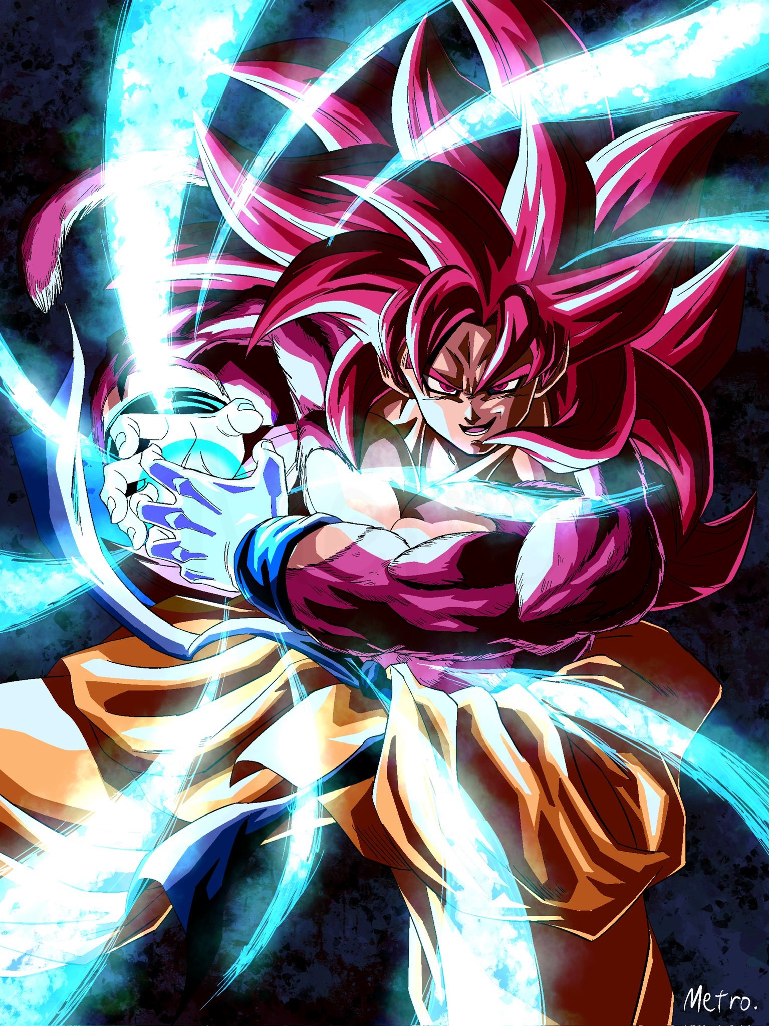 yamuchasiyagatte, son goku, dragon ball, dragon ball daima, highres, 1boy, blue background, body fur, cowboy shot, energy ball, kamehameha (dragon ball), male focus, monkey tail, muscular, muscular male, orange pants, pants, pink eyes, pink fur, pink hair, pink tail, solo, super saiyan, super saiyan 4, tail, topless male
