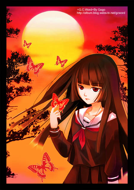 enma ai, jigoku shoujo, 00s, black hair, red eyes, school uniform, serafuku