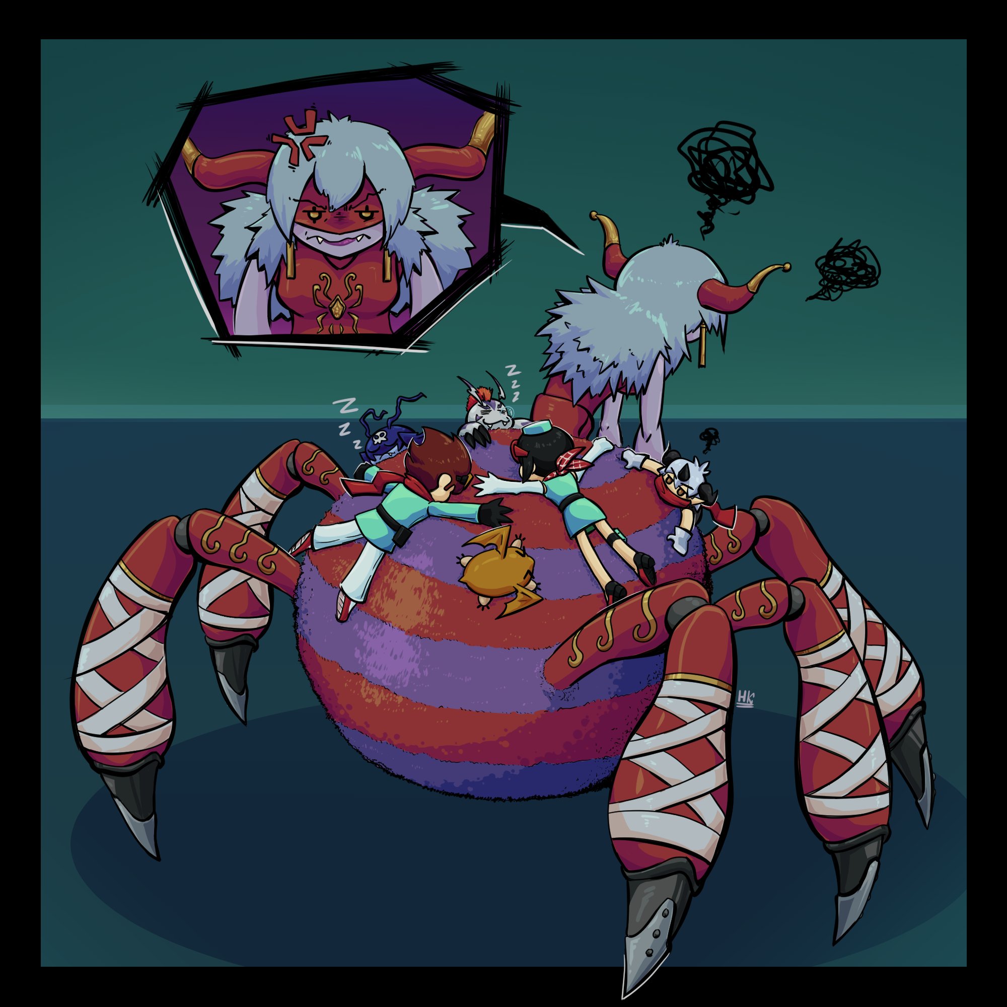 aegiomon, archnemon, gomamon, patamon, picodevimon, yuuki dan, yuuki kanan, digimon, digimon story: time stranger, highres, > <, 2boys, 2girls, annoyed, arachne, arthropod girl, chibi, digimon (creature), eye mask, fangs, from behind, full body, grey hair, hexacruzader, horns, insect girl, long hair, monster girl, multiple boys, multiple girls, riding, single horn, sleeping, solo focus, spider girl, taur, yellow eyes