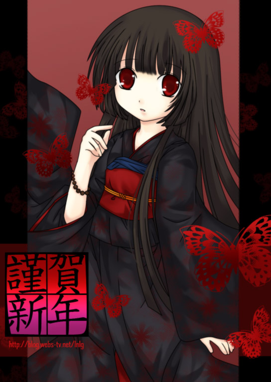 enma ai, jigoku shoujo, 00s, black hair, japanese clothes, kimono, red eyes