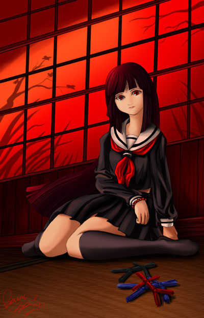 enma ai, jigoku shoujo, 00s, black hair, red eyes, school uniform, serafuku