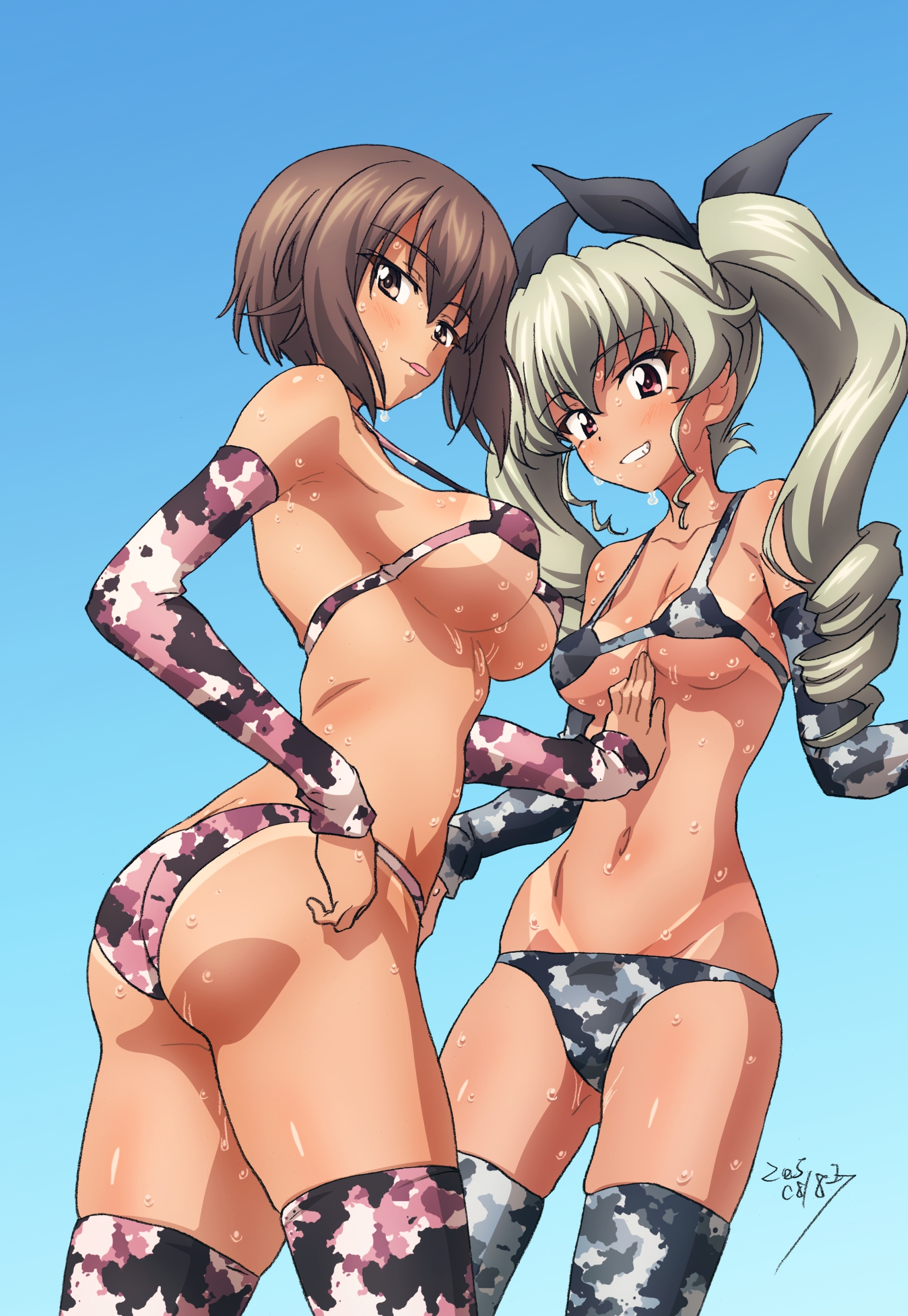 erakin, anchovy (girls und panzer), nishizumi maho, girls und panzer, highres, 2girls, ass, bikini, blush, breasts, brown eyes, brown hair, camouflage, camouflage bikini, camouflage thighhighs, cleavage, collarbone, drill hair, grin, hair ribbon, hand on another's chest, large breasts, long hair, looking at viewer, medium breasts, multiple girls, navel, red eyes, ribbon, short hair, signature, sky, smile, sweat, swimsuit, tan, tanline, thighhighs, tongue, tongue out, twin drills, twintails, yuri