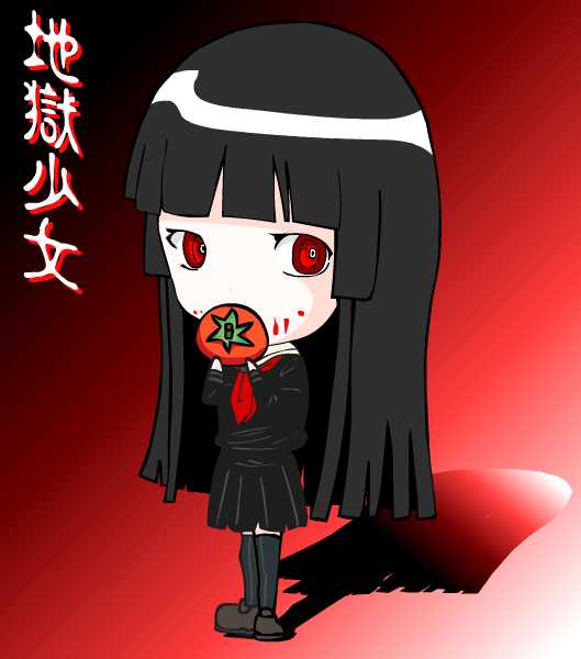 enma ai, jigoku shoujo, 00s, black hair, red eyes, school uniform, serafuku