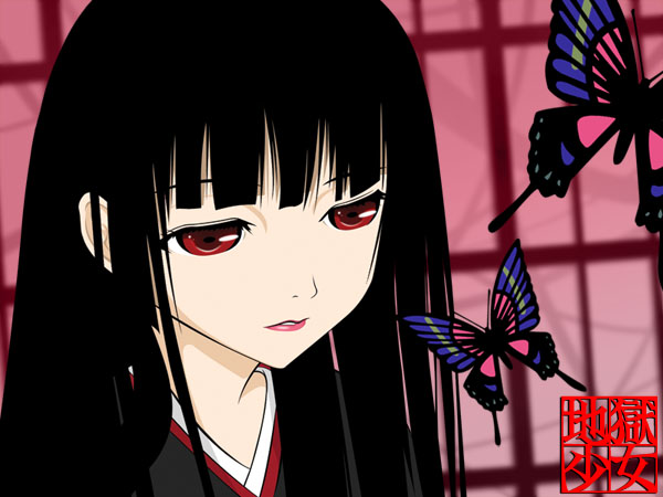 enma ai, jigoku shoujo, 00s, black hair, japanese clothes, kimono, red eyes