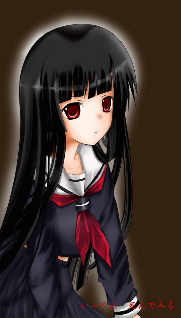 enma ai, jigoku shoujo, 00s, black hair, red eyes, school uniform, serafuku