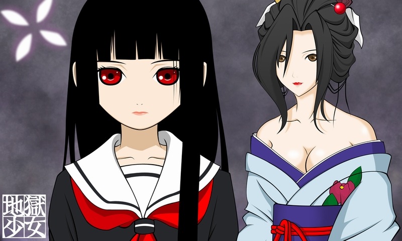 enma ai, hone onna, jigoku shoujo, 00s, black hair, japanese clothes, kimono, red eyes, school uniform, serafuku