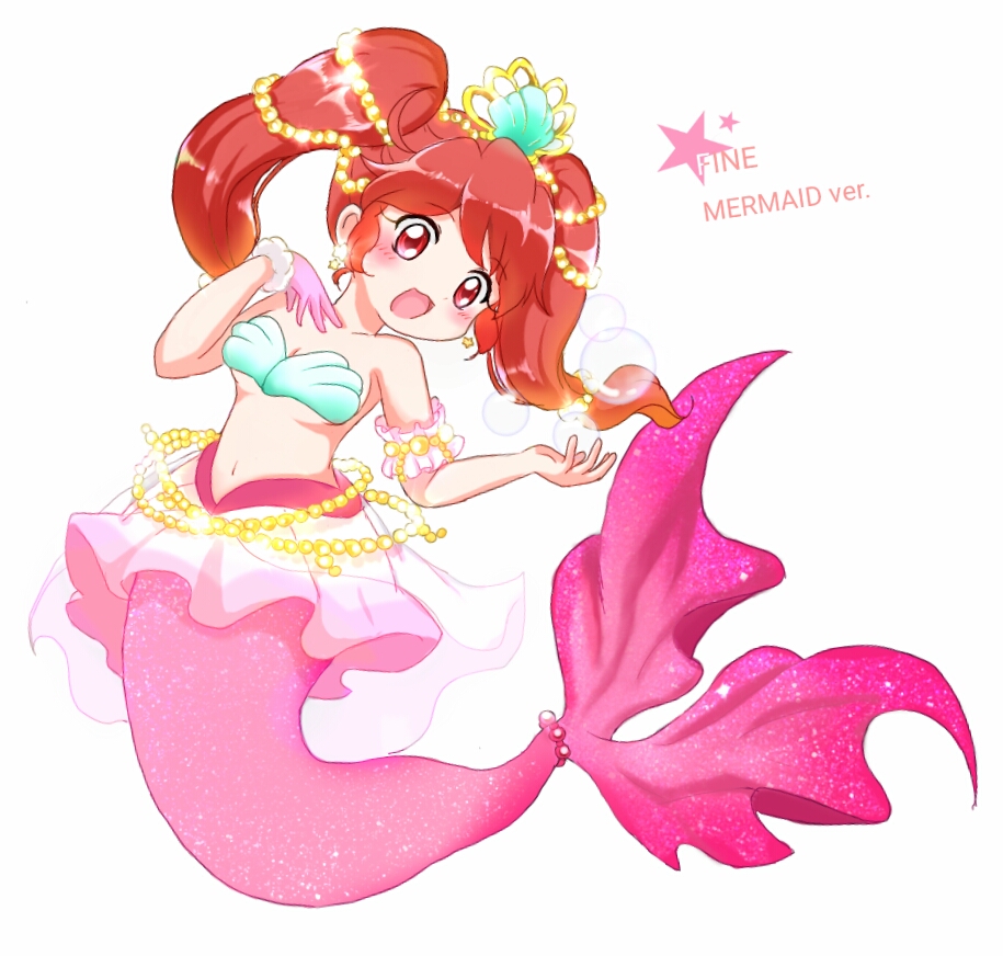 fine (futagohime), fushigiboshi no futago hime, 1girl, armlet, bikini, bubble, gloves, igloo (a yull), jewelry, long hair, looking at viewer, mermaid, monster girl, navel, open mouth, pink gloves, red eyes, shell, shell bikini, simple background, single glove, solo, swimsuit, twintails, white background