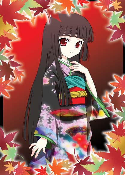 enma ai, jigoku shoujo, 00s, black hair, japanese clothes, kimono, red eyes