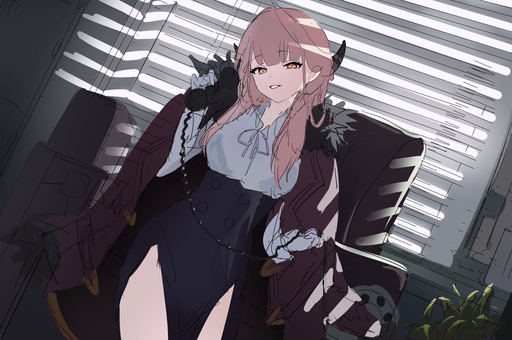 inu lin, aru (blue archive), blue archive, highres, unfinished, 1girl, brown coat, coat, collared shirt, demon horns, gloves, holding, holding phone, horns, jacket, looking at viewer, office, open clothes, open coat, phone, pink hair, plant, shirt, solo, white gloves, white shirt, window blinds