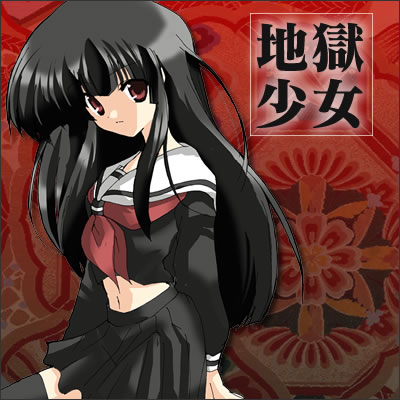 enma ai, jigoku shoujo, lowres, 00s, black hair, red eyes, school uniform, serafuku