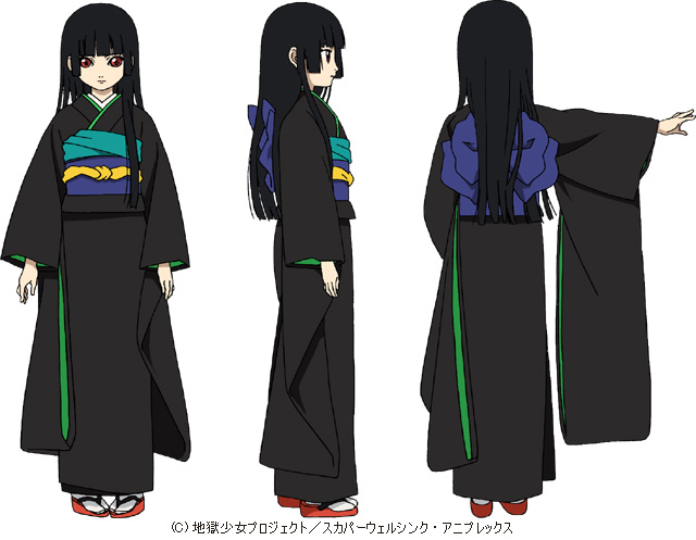 enma ai, jigoku shoujo, official art, 00s, 1girl, black hair, japanese clothes, kimono, red eyes, simple background