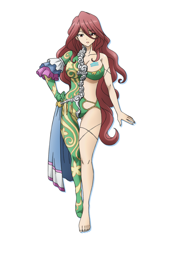 lisan (farmagia), farmagia, official art, 1girl, anime coloring, barefoot, bikini, blue sash, bodysuit, breasts, cleavage, collarbone, full body, green bikini, green bodysuit, hair between eyes, hand on own hip, iizumi toshiomi, large breasts, lips, long hair, looking at viewer, open hand, red eyes, red hair, sash, simple background, solo, standing, swimsuit, thighs, transparent background, very long hair, wavy hair